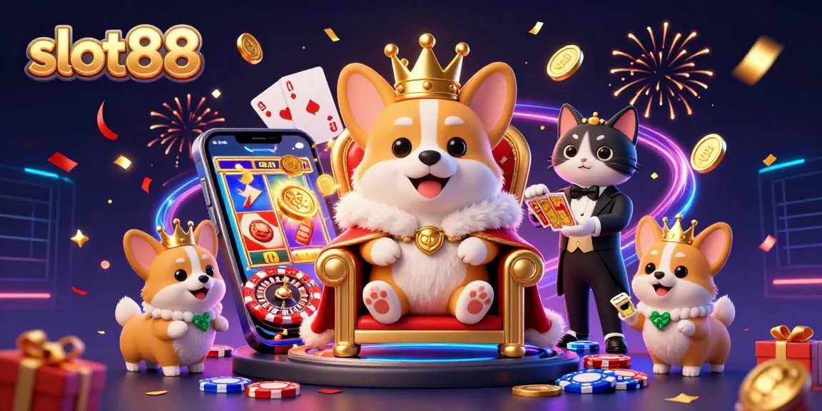 Experience thrilling gameplay with slot88 featuring a royal corgi on a poker throne amidst vibrant slot games and riches.