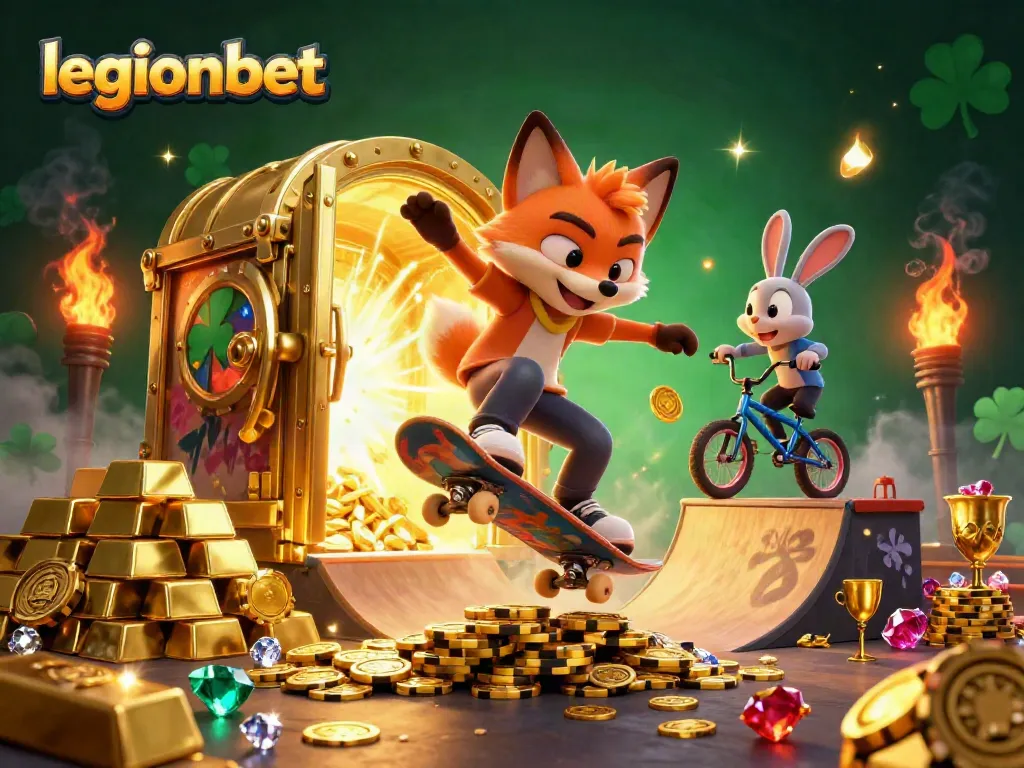 Engage in thrilling gameplay at legionbet with a vibrant illustration of casino symbols and cartoon characters.