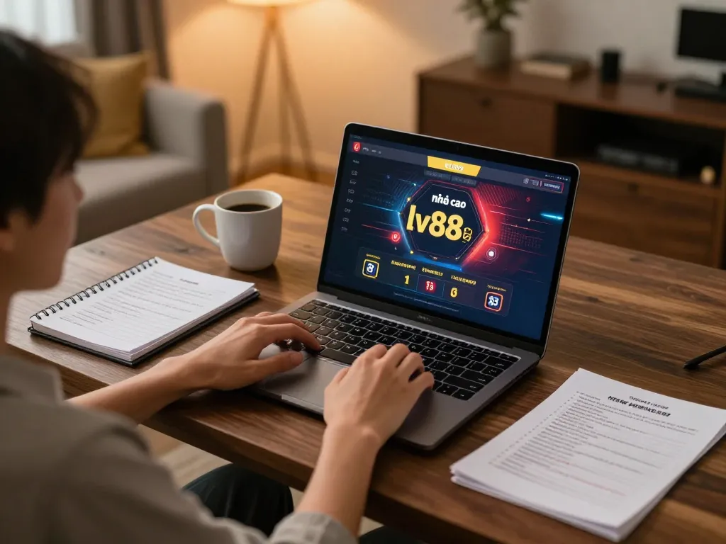Engaging player strategizing with nhà cái lv88 on laptop, cozy ambiance and notes around.