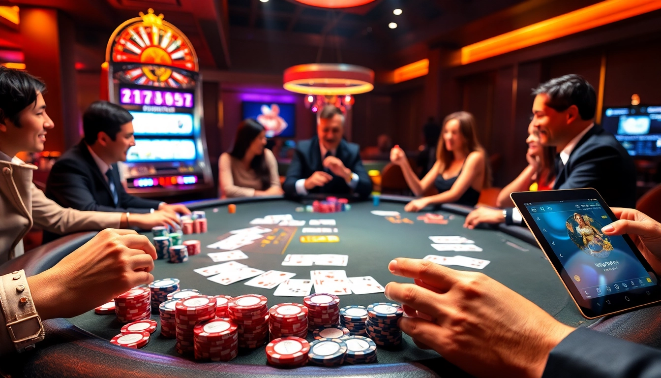 Players enjoying a thrilling poker game at https://urr88.com/ with vibrant chips and cards.