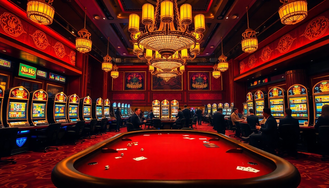 Engage with thrilling nổ hũ machines highlighting luxury and excitement in a busy casino scene.