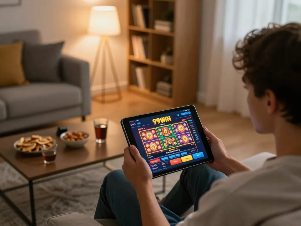 Experience exciting gameplay at 99WIN with online casino gaming on a tablet in a cozy setting.