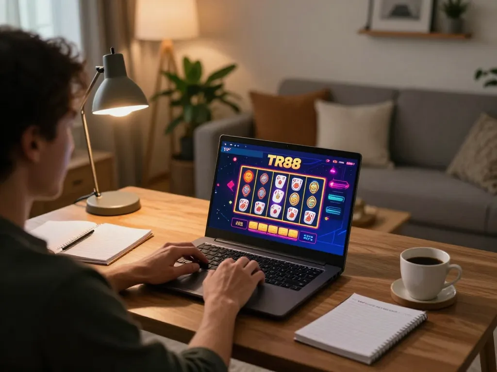 Person engaging with TR88 bet online gaming platform at home on laptop, showcasing a cozy and strategic setup