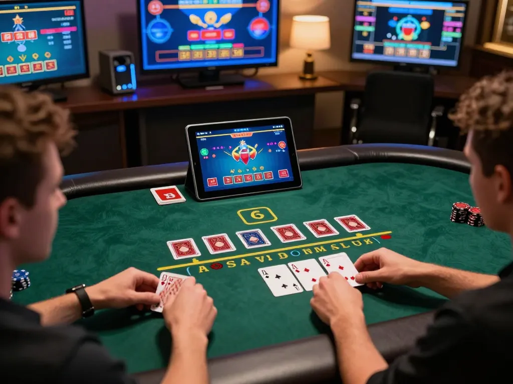 Players strategizing wins at VS555 Casino blackjack table, showcasing interactive online gaming.