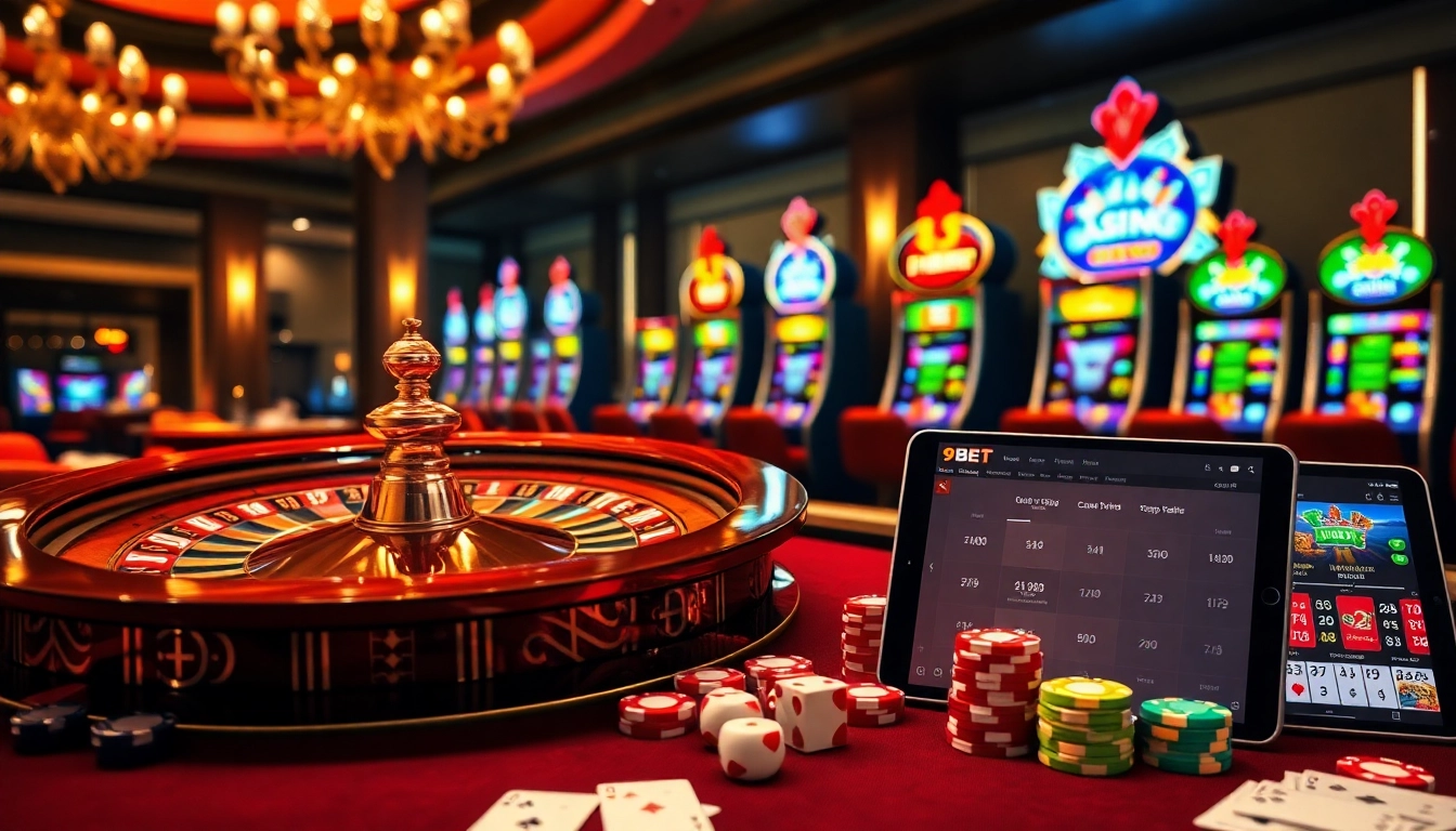 Experience the thrill of 9BET with vibrant casino elements and online betting interfaces.