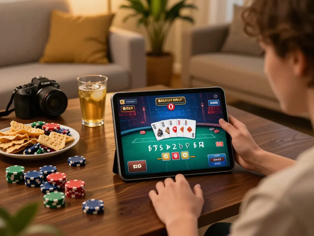 Player enjoying live poker on tablet, showcasing 78wim strategy in cozy home setting