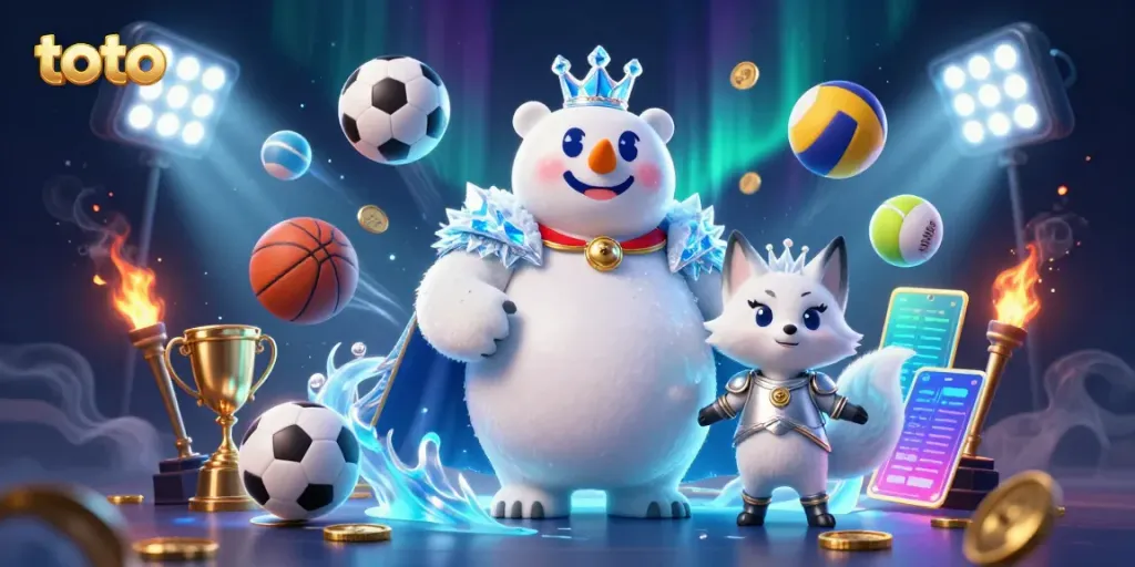 Toto-themed illustration featuring an ice king polar bear and a snow fox surrounded by dynamic sports elements.