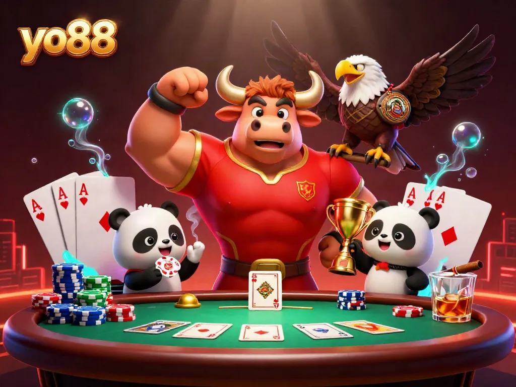 Join the excitement at yo88 with a victorious bull mascot, eagle champion, and trophy-winning panda!