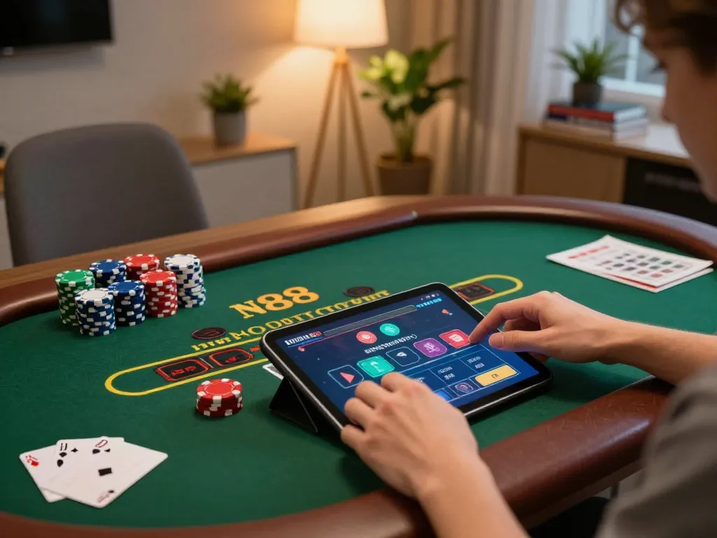 N88 mobile user engaged in live dealer blackjack, placing strategic bets and managing bankroll.