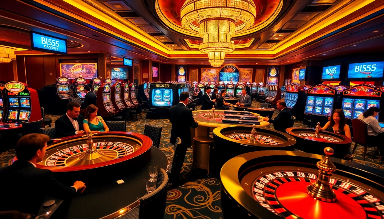 Excited players engaging at Bl555 casino tables and slot machines in a luxurious environment.