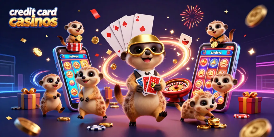 Experience excitement at credit card casinos with meerkats enjoying casino games and vibrant visuals.