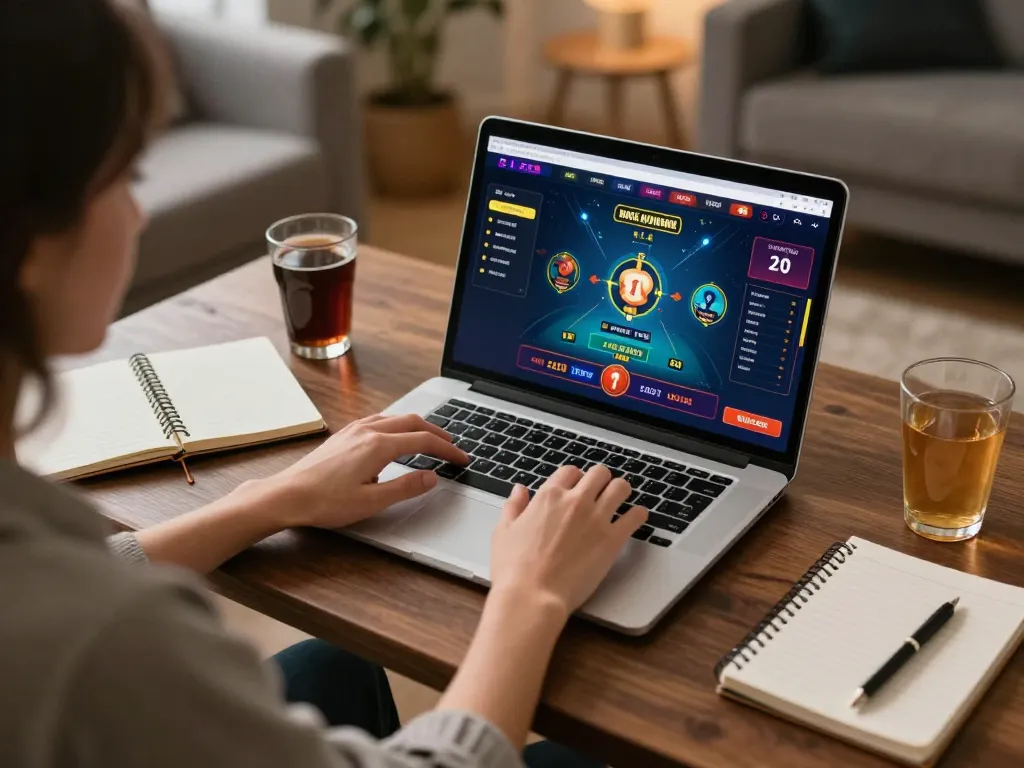 Player enjoying online gaming experience on laptop at home, showcasing 78wingo's platform.