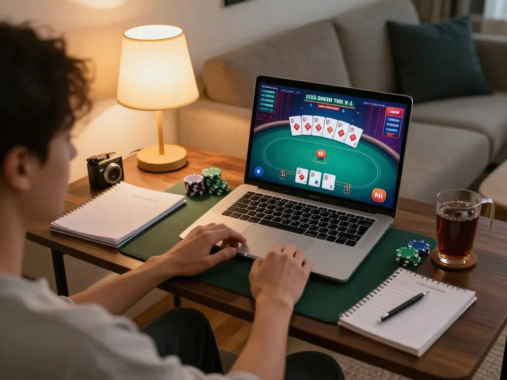 DW8 online poker gaming scene with player engaging on laptop, cozy home atmosphere.