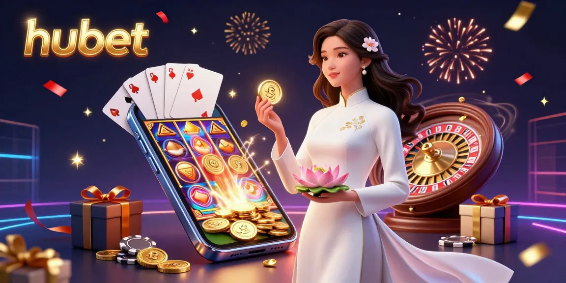 Engage with hubet in this vibrant scene featuring slot games, a serene character, and dynamic gambling elements.