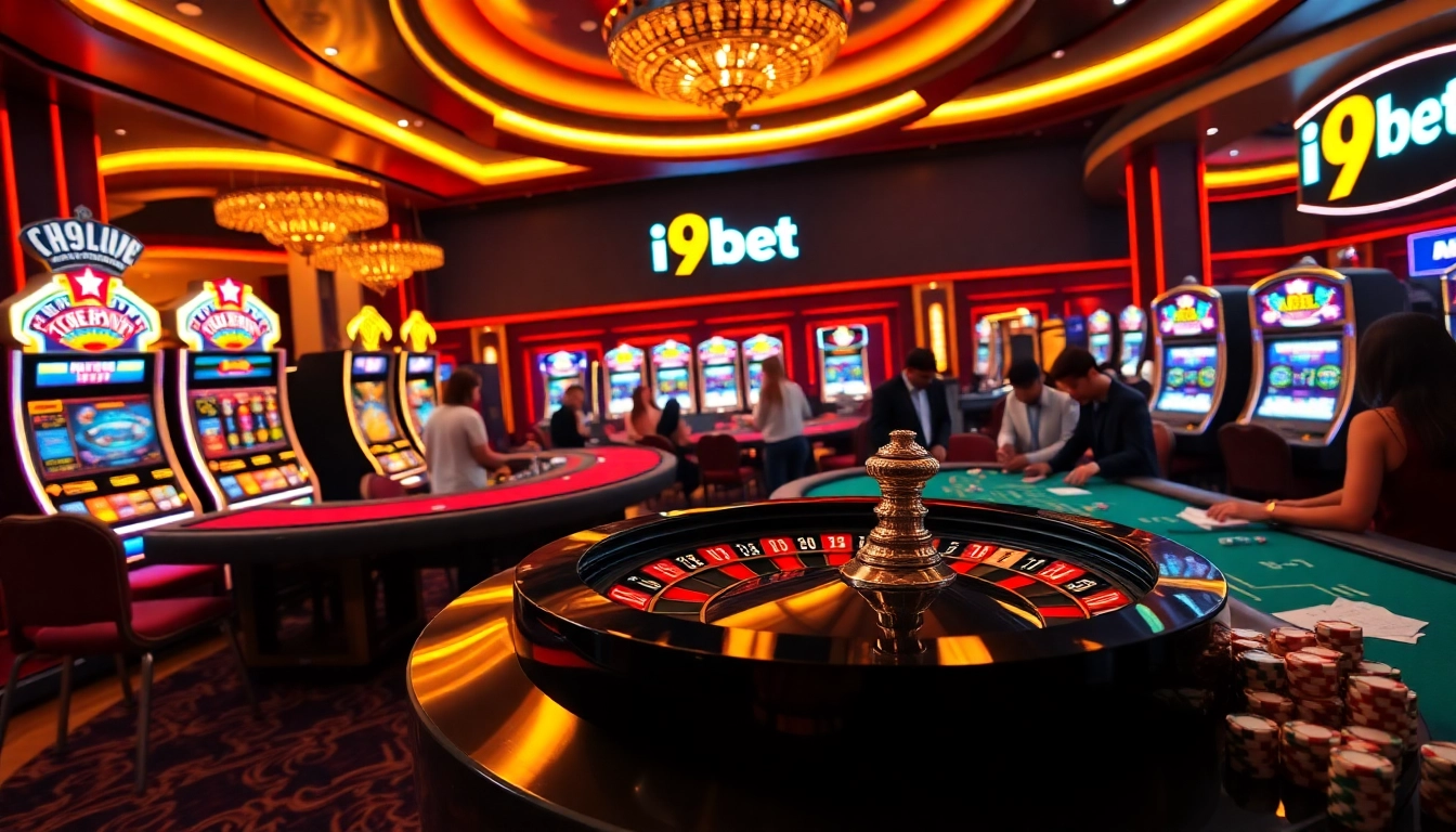 Experience the excitement of i9bet with a vibrant casino scene featuring poker, roulette, and slot games.
