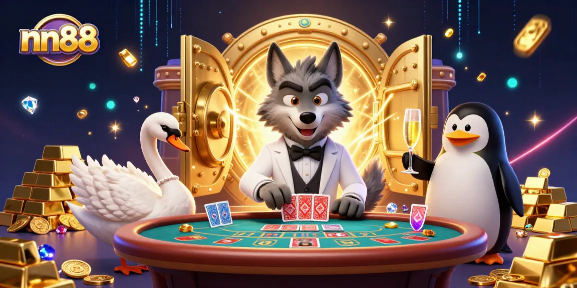 Engaging scene showcasing nn88 with a wolf, swan, and penguin at a lively casino table.