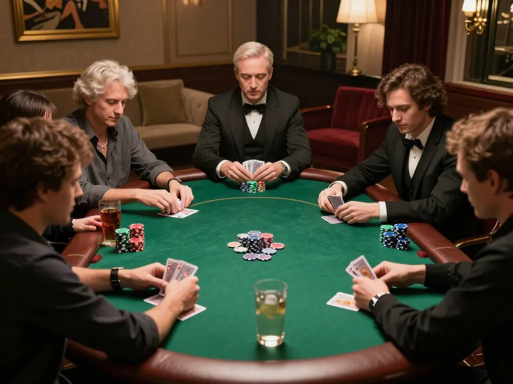 Players strategizing their next moves at an intense onbet poker game in a luxury setting.