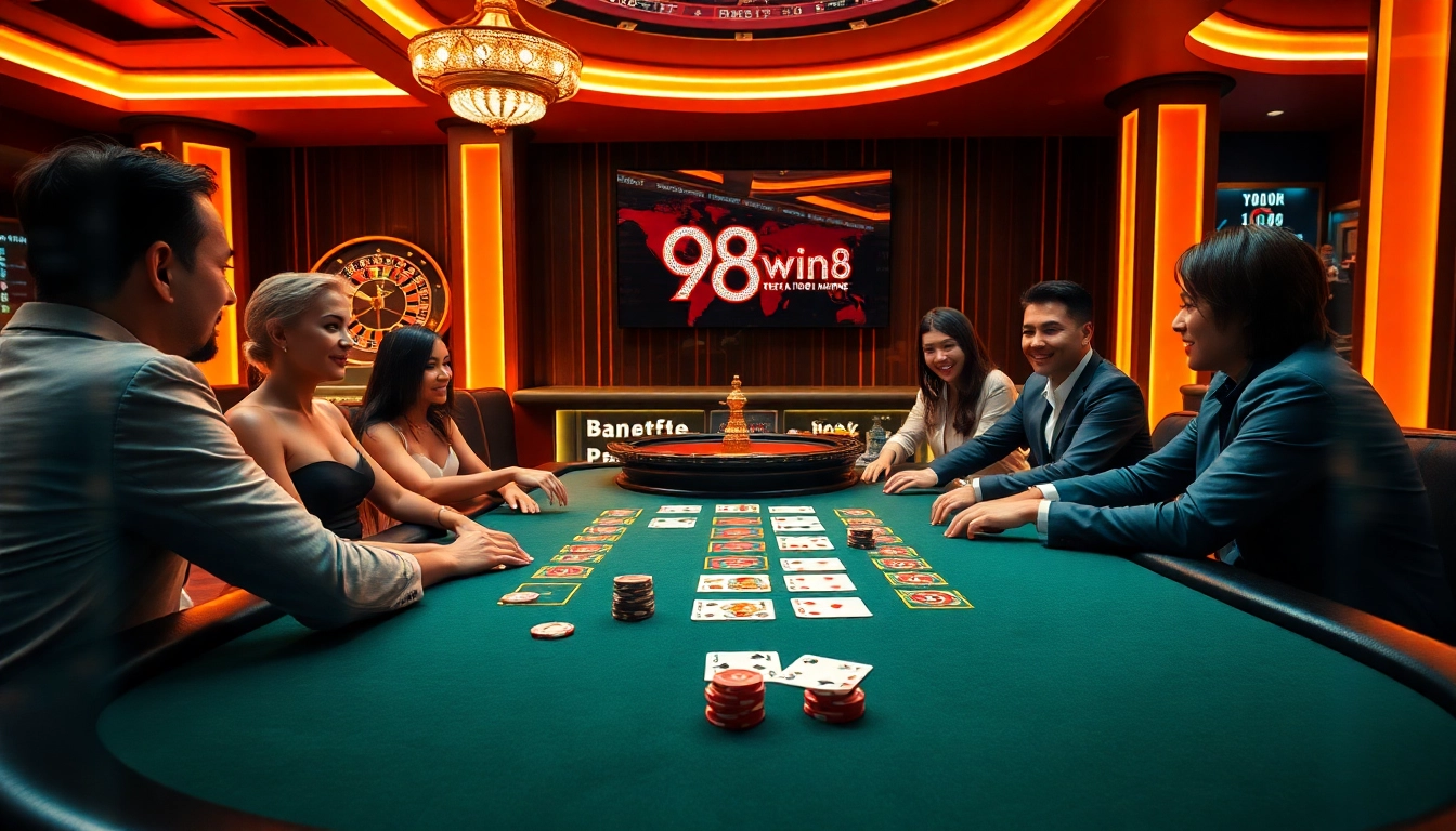 Experience the excitement of blackjack at 98win98, featuring players, vibrant chips, and high-stakes action.
