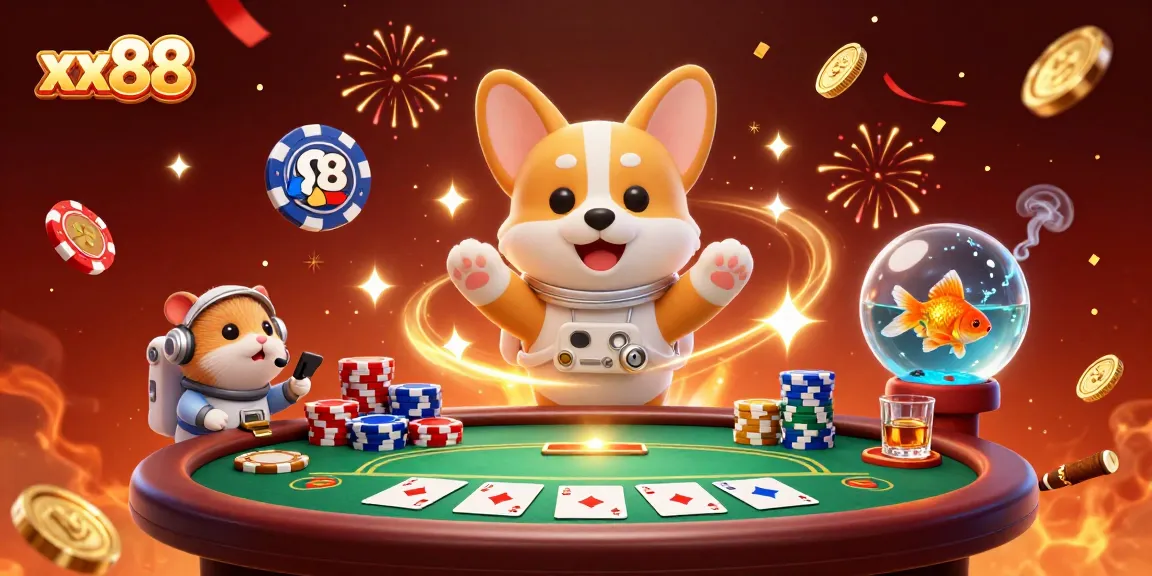 Experience the excitement of xx88 with a floating corgi and vibrant casino elements.