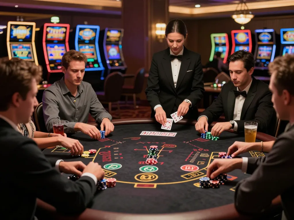 Engaged players at a vk88 blackjack table create a thrilling atmosphere in a luxury casino