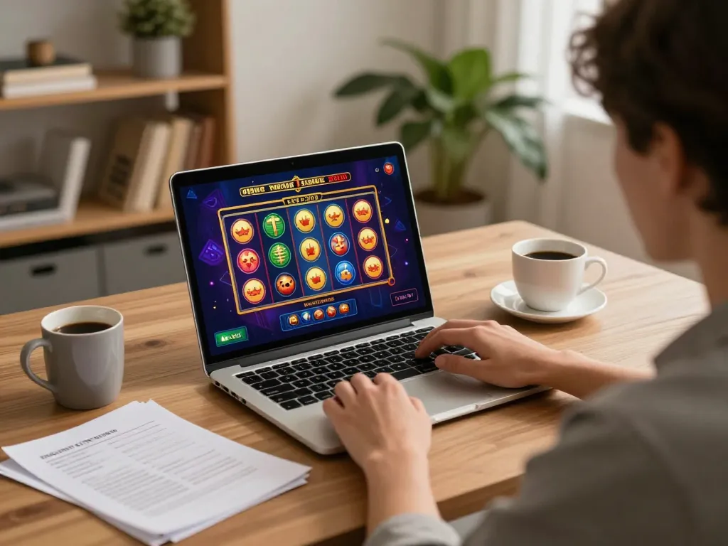 Engaging with alc88 casino slots on a modern laptop, showcasing a vibrant home gaming scene.