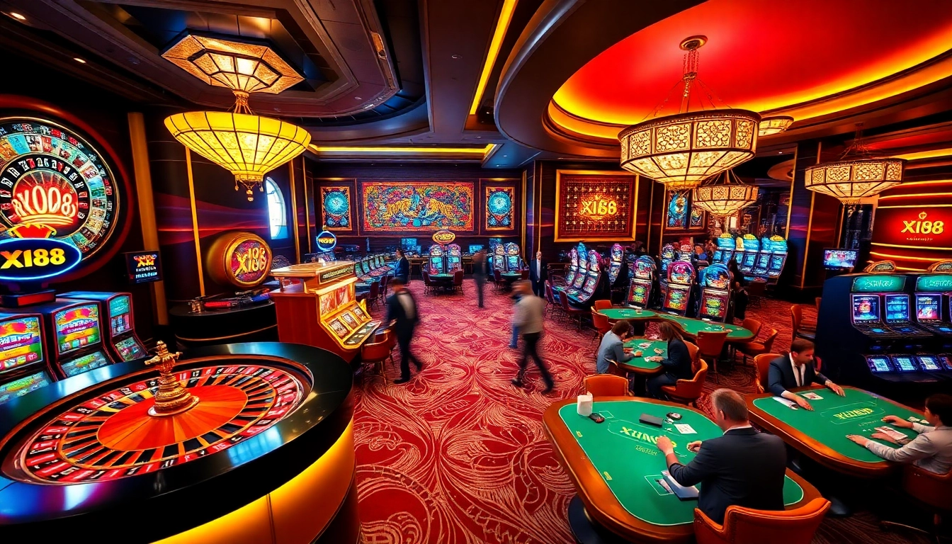 Players enjoying various games at XIN88's lively casino, showcasing excitement and luxury.
