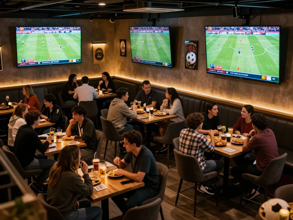 Socolive viewers engaging in live football matches at a vibrant sports bar with large screens and drinks