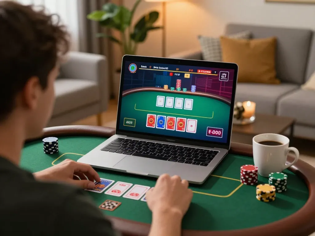 Engaging online poker gameplay on a laptop showcasing lucky88z platform, cozy home atmosphere with snacks and coffee.