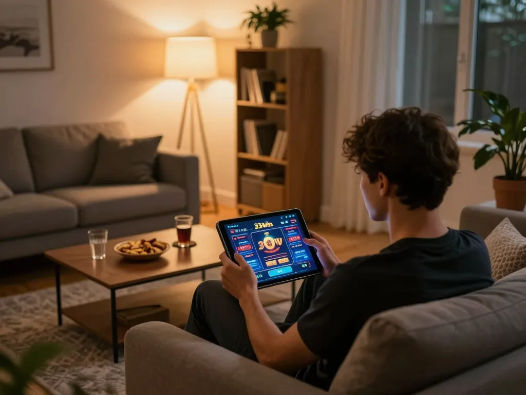 Player engaging in 33win online casino gaming on tablet in a cozy home setup.