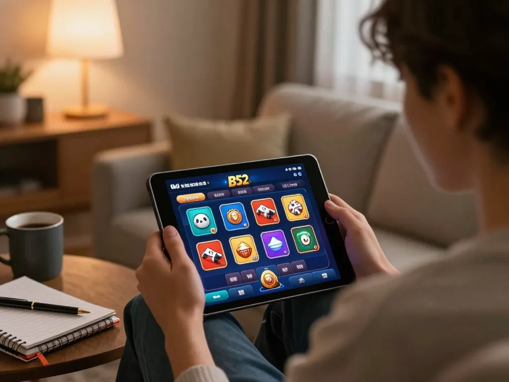 B52 Club player engaging with the casino app on tablet in a cozy home setting