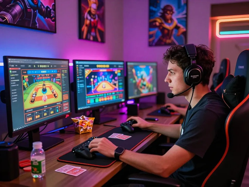 Player immersed in gem88 online casino gaming with vibrant LED lights and sleek gaming setup.