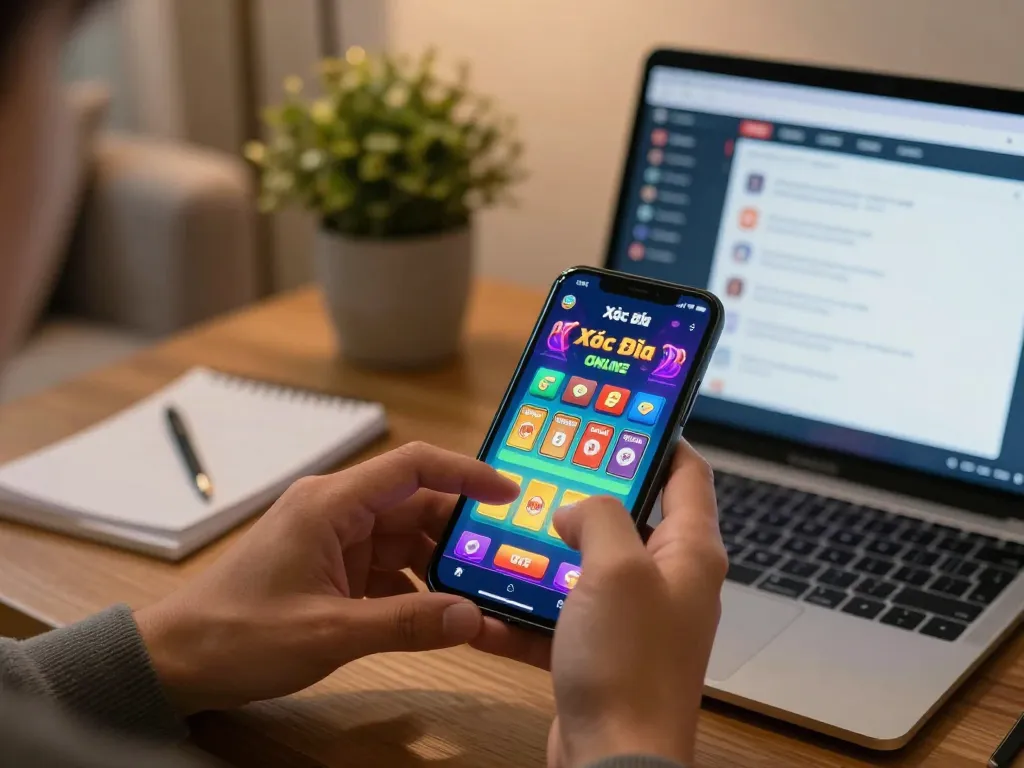 Xóc Đĩa Online gameplay on a smartphone in a cozy living room, showcasing engaging gambling action.