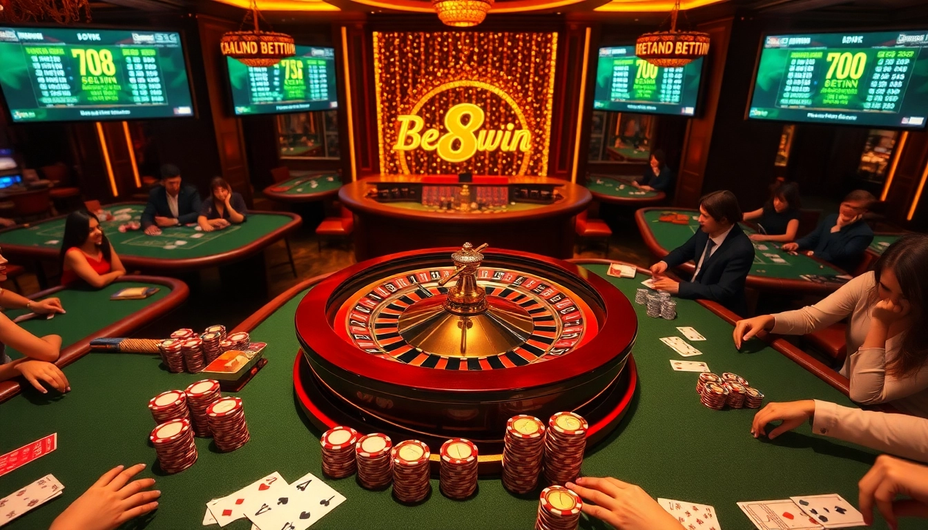 Experience the excitement of 98win bet at an elegant casino featuring poker chips and roulette wheels.