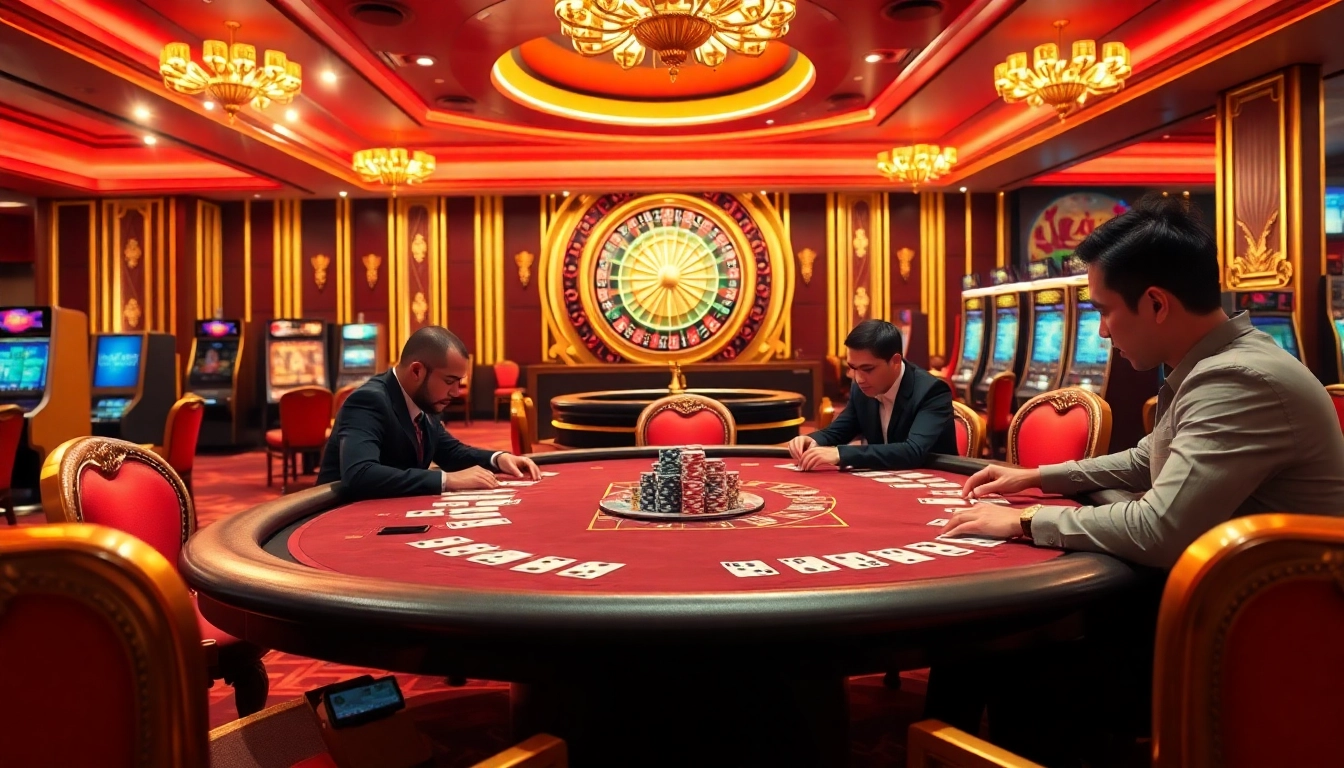 Experience GO88 excitement at a luxurious casino featuring poker tables and slot machines.