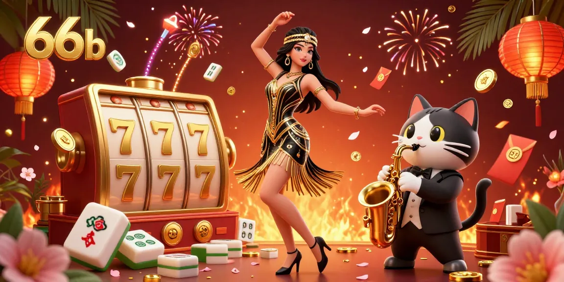 Experience thrilling action at 66b with a vibrant illustration showcasing a dancing flapper and a charming cat amidst casino elements.