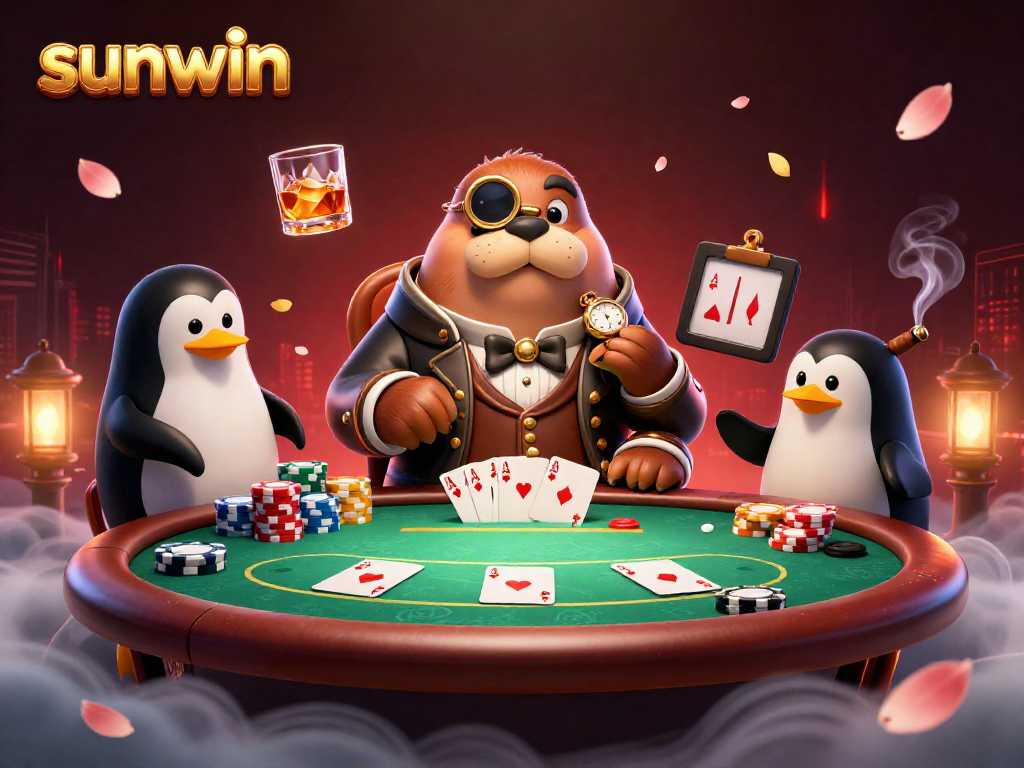 Engage with the sunwin poker scene featuring a walrus player, penguin dealer, and bluffing pufferfish.