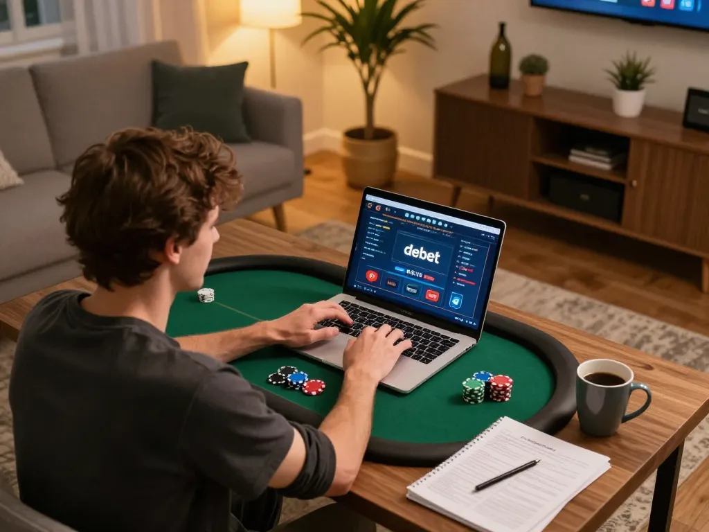 Player enjoying online poker on laptop with 'debet' interface, highlighting a strategic gaming atmosphere.