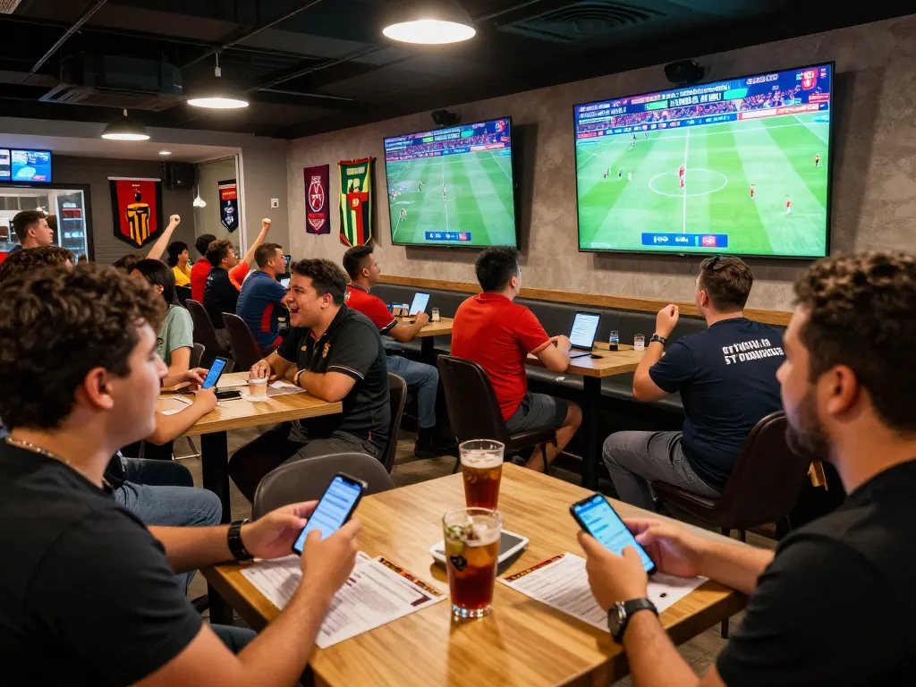 Fans actively placing bets on their mobile devices at Bongdalu during a major sports event.