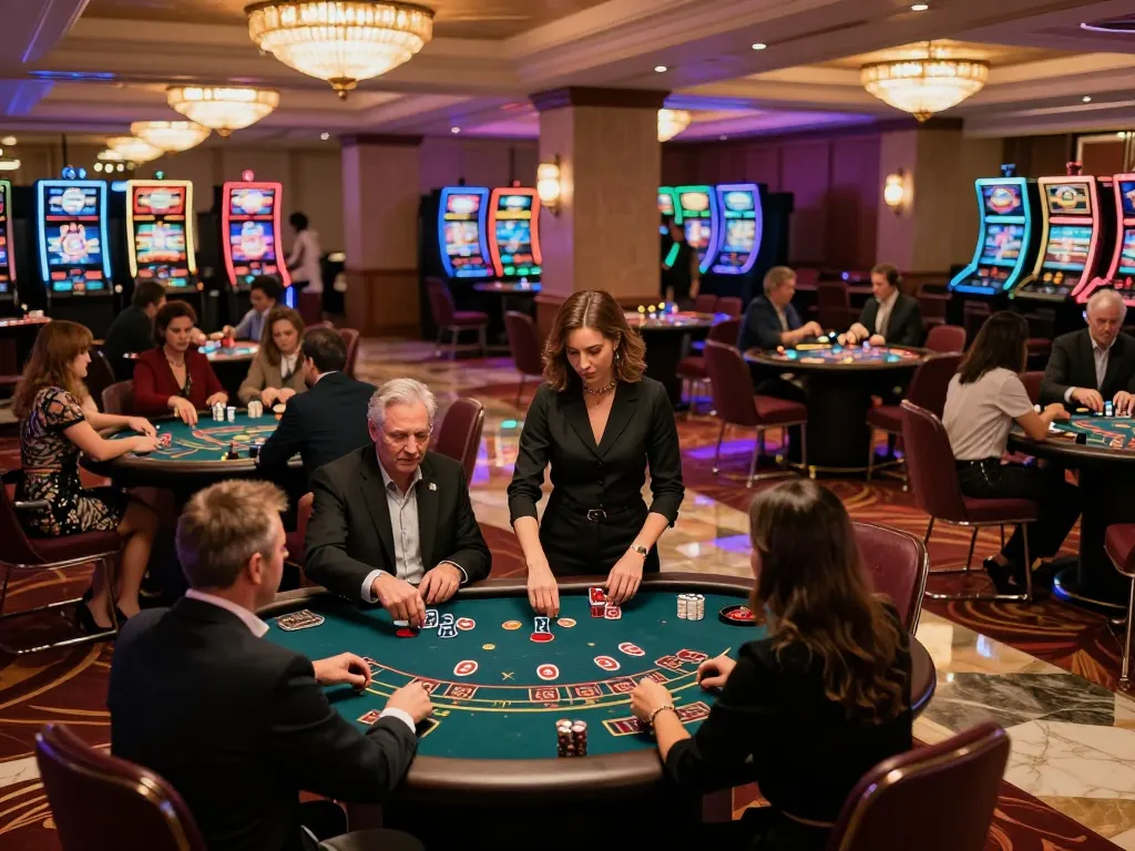 Players at hitclub engage in a lively blackjack game, with an attentive dealer and vibrant casino atmosphere.