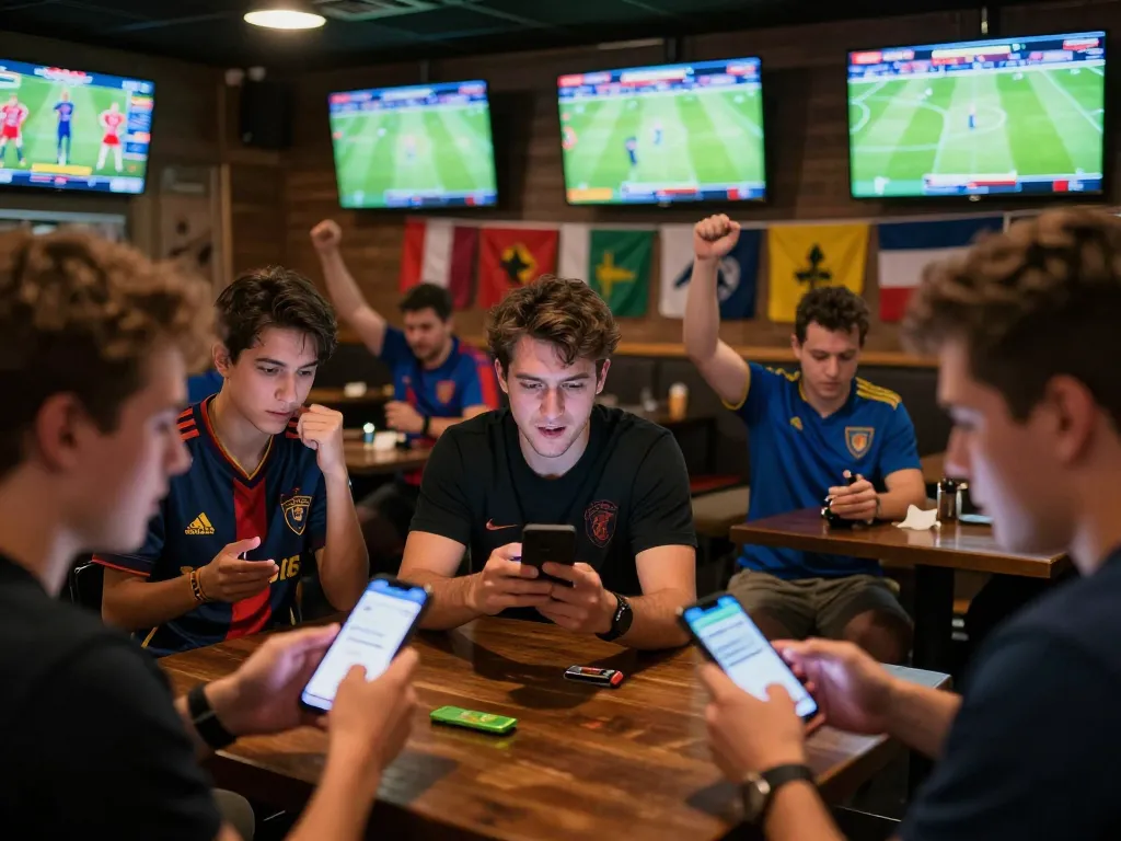 Tỷ Lệ Kèo Nhà Cái in a sports bar with avid bettors engaging in live betting.