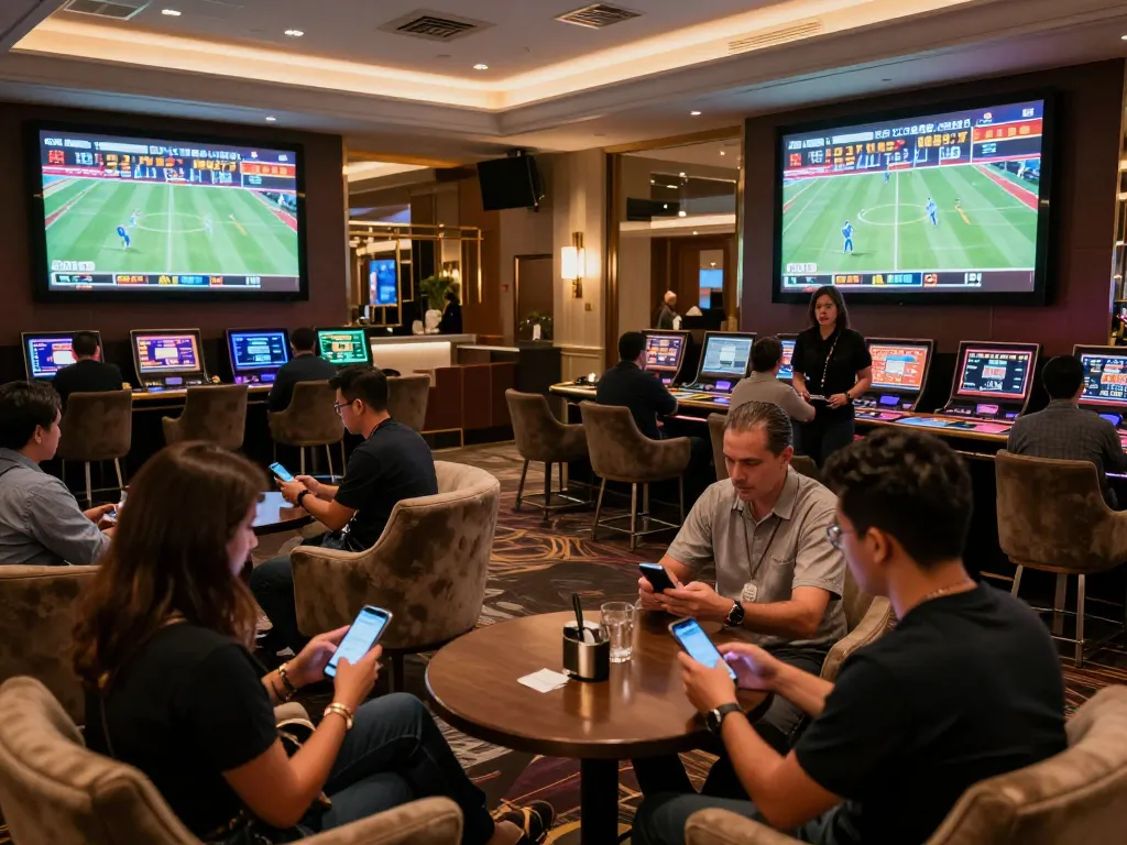 Engaged bettors analyzing keo nha cai 5 odds in a dynamic sports betting lounge, capturing excitement and strategy.