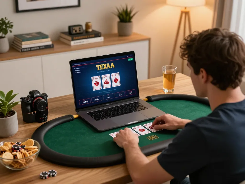 Player engaged in online poker gameplay on mu88com with cozy home setup and strategic focus