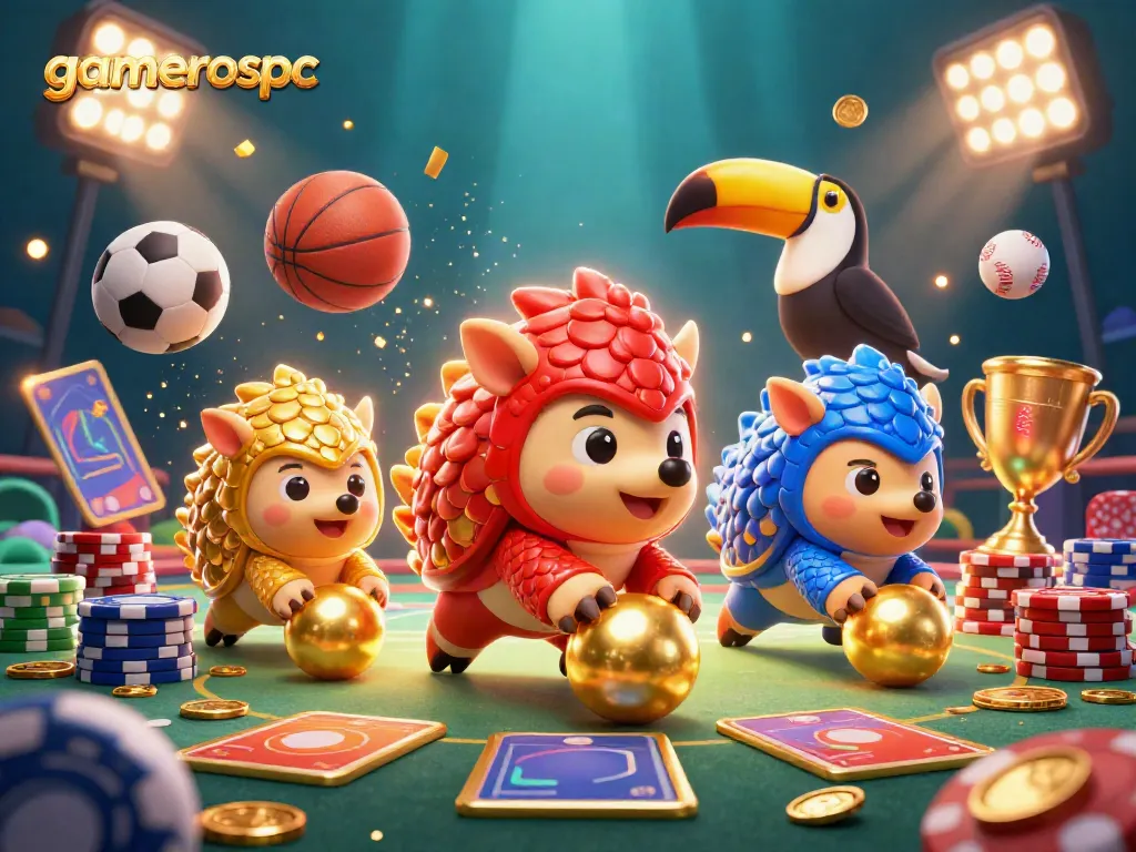 Experience the thrill of gaming with gamerospc’s vibrant cartoon pangolins bowling through poker chips.