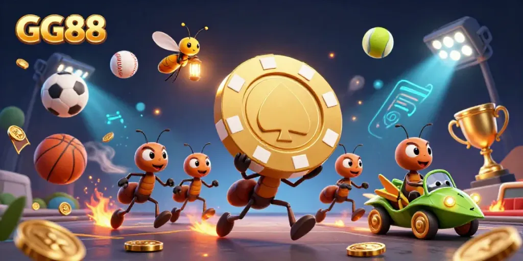 Experience the thrilling GG88 heist featuring ants and a grasshopper in a dynamic casino scene.