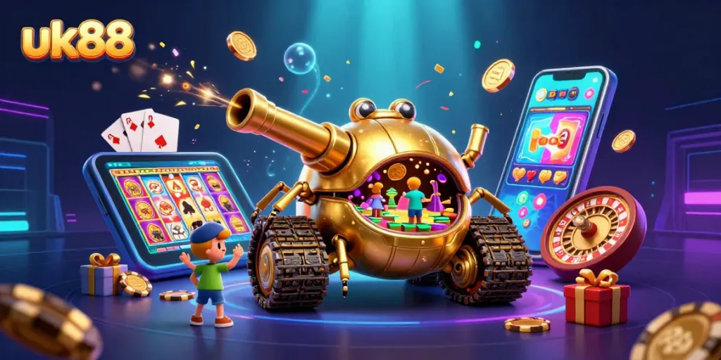 Experience thrilling gameplay at uk88 with a bustling casino scene inside a golden beetle tank.