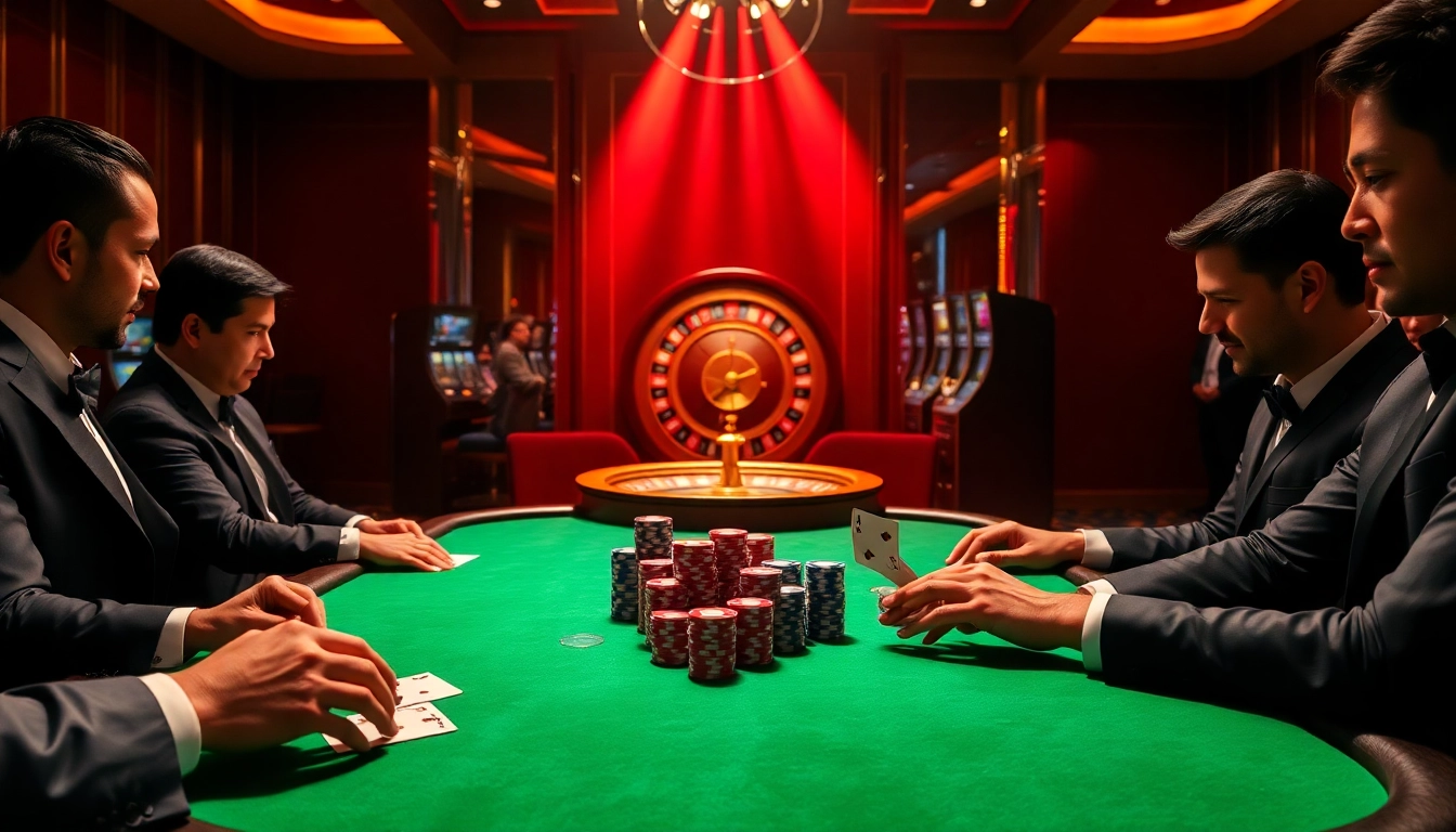 SODO Casino players engaged in a high-stakes poker game with colorful chips and a roulette wheel in the background.