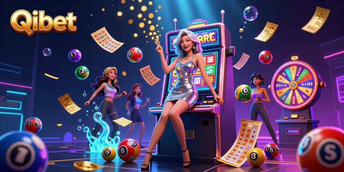 Experience the thrill of Qibet with vibrant casino elements and an excited player celebrating a jackpot.