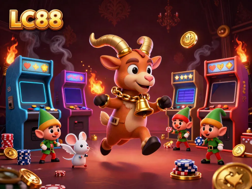 Engaging scene depicting LC88 with a Krampus goat, an angel mouse, and elf gremlins in a vibrant casino.