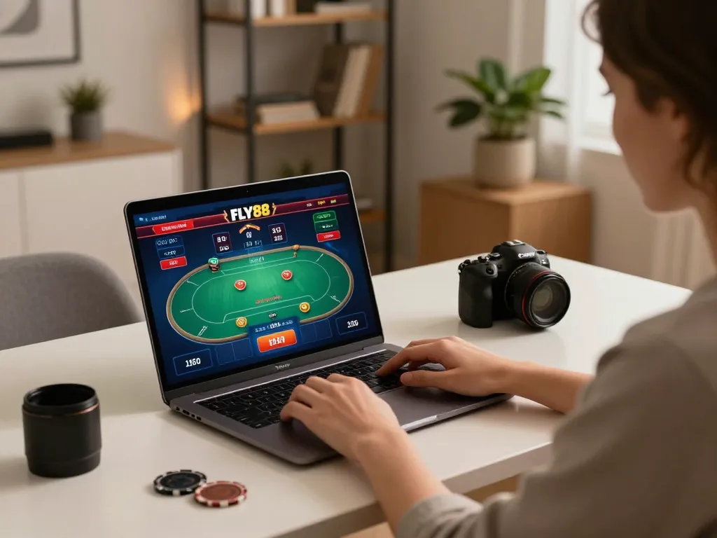 Betting on FLY88, a player engages with an online casino interface showcasing poker gameplay.