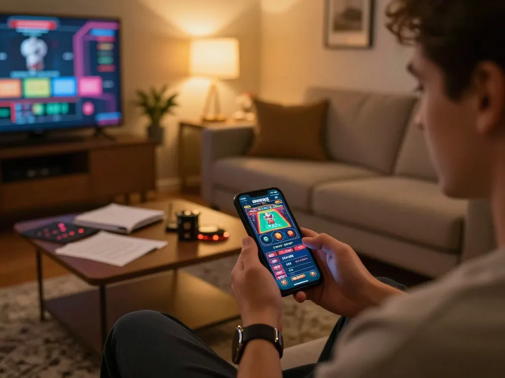 Engaging in online casino gaming at home using a smartphone on https://www.atqvn.com/ with notes and cozy ambiance.